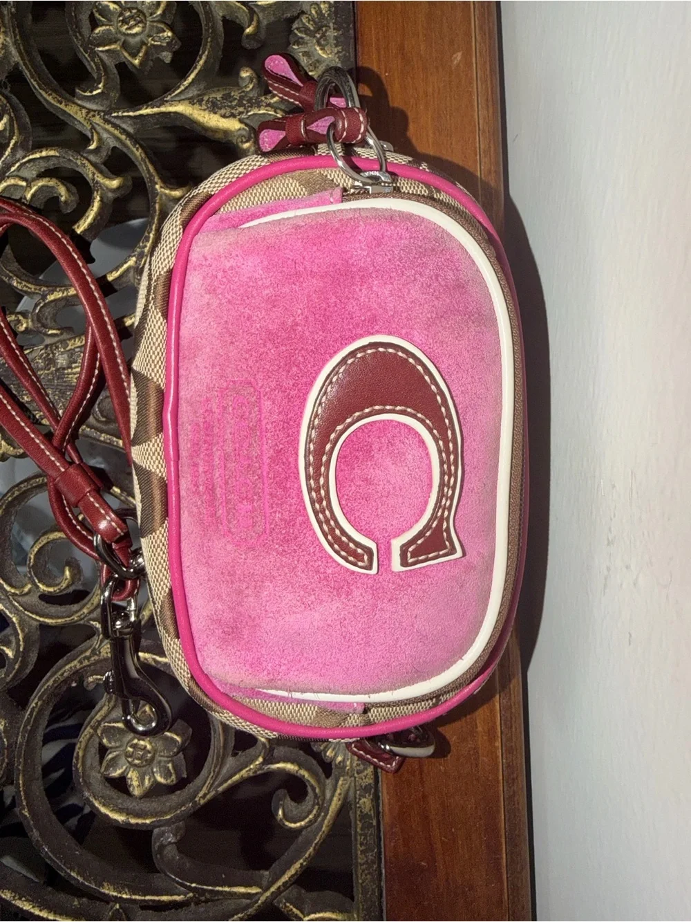 Coach Pink Suede 'C' Logo Crossbody Bag with Contrast Trim
